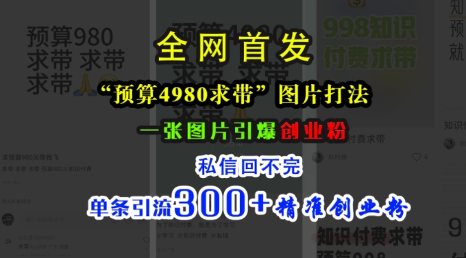 小红书“预算4980带我飞”图片打法，一张图片引爆创业粉，私信回不完，单条引流300+精准创业粉-翔云学社