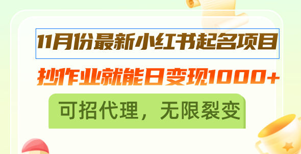 11月份最新小红书起名项目，抄作业就能日变现1000+，可招代理，无限裂变-翔云学社